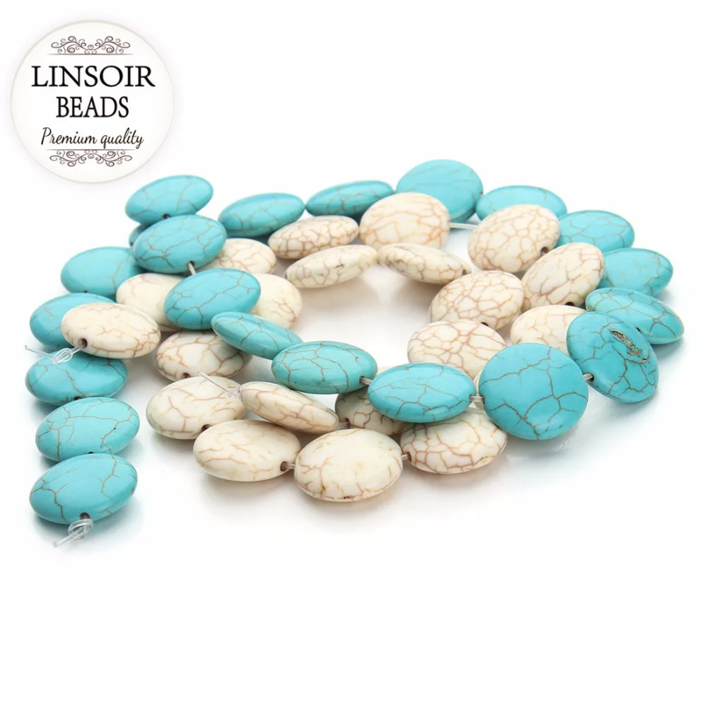 LINSOIR 20pcs/lot Dia 20mm White Blue Turquoises Beads for Jewelry Making Oval Natural Stone Necklace Bracelet Material | Украшения и