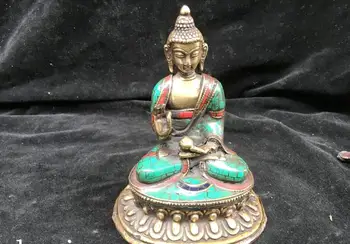 

Tibet Nepal handicraft Bronze gold inlay Turquoise coral Gem Sakyamuni buddha