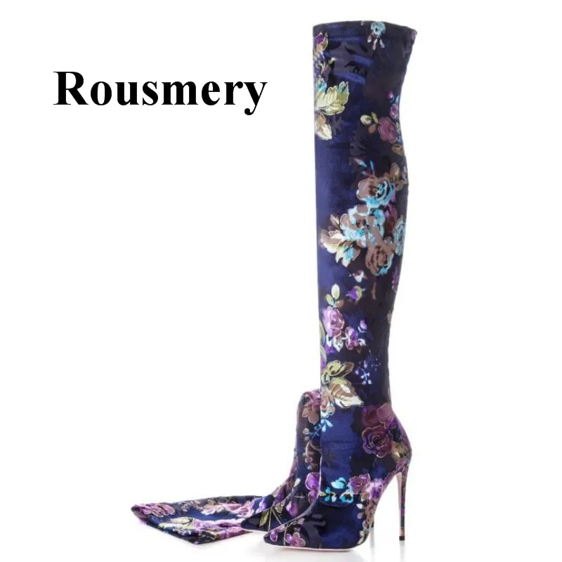 

2018 Fshion Embroidered Sexy Pointed Toe And Thin High Heel Over The Knee Slip On Stretch Fabric Autumn Women Long Boots