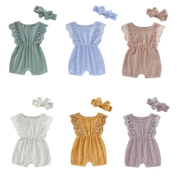 

6 Colors Summer Newborn Girls Rompers Flare Sleeve Solid Print Lace Design Romper with Headband new