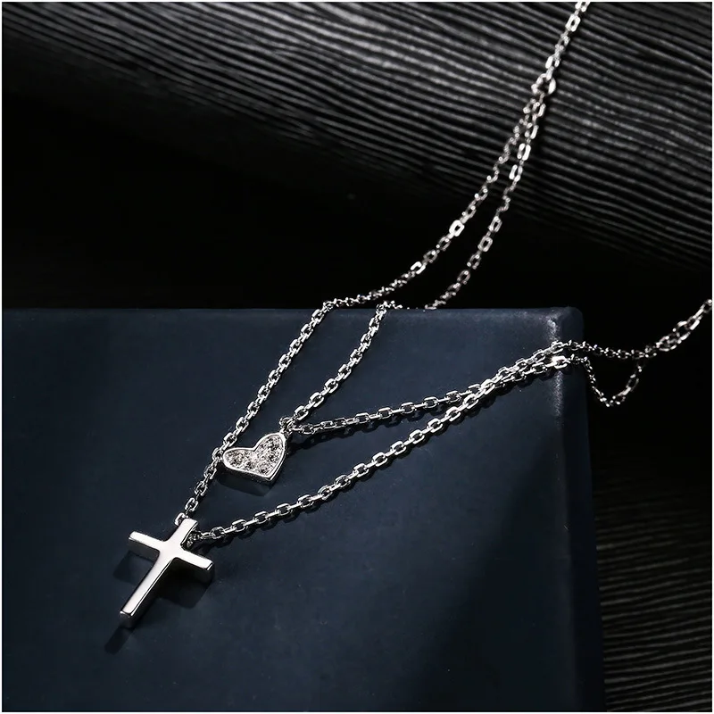 

2019 New Fashion Cross Double Necklace For Women 925 Sterling Silver Zircon Heart Pendant Necklaces Sterling Silver Jewelry