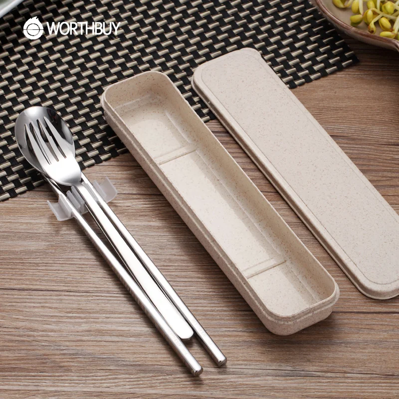 

WORTHBUY Portable 304 Stainless Steel Tableware Set With Box For Picnic Travel Dinner Set Chopsticks Spoon Fork Dinnerware Set