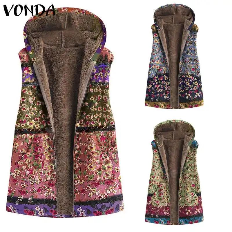 VONDA, женские осенние толстовки, пальто, винтажные куртки с цветочным принтом, пальто из искусственного меха, плотная теплая верхняя одежда без рукавов размера плюс
