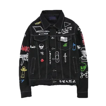 

Fashion men Graffiti denim jacket Spring autumn Casual Cowboy Jackets mens Cotton hip hop Denim jacket New Male Ripped outerwear