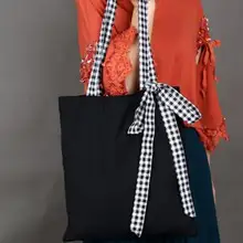 Женская Холщовая Сумка с бантом, черная сумка на плечо, портативная Холщовая Сумка в клетку, сумка для покупок