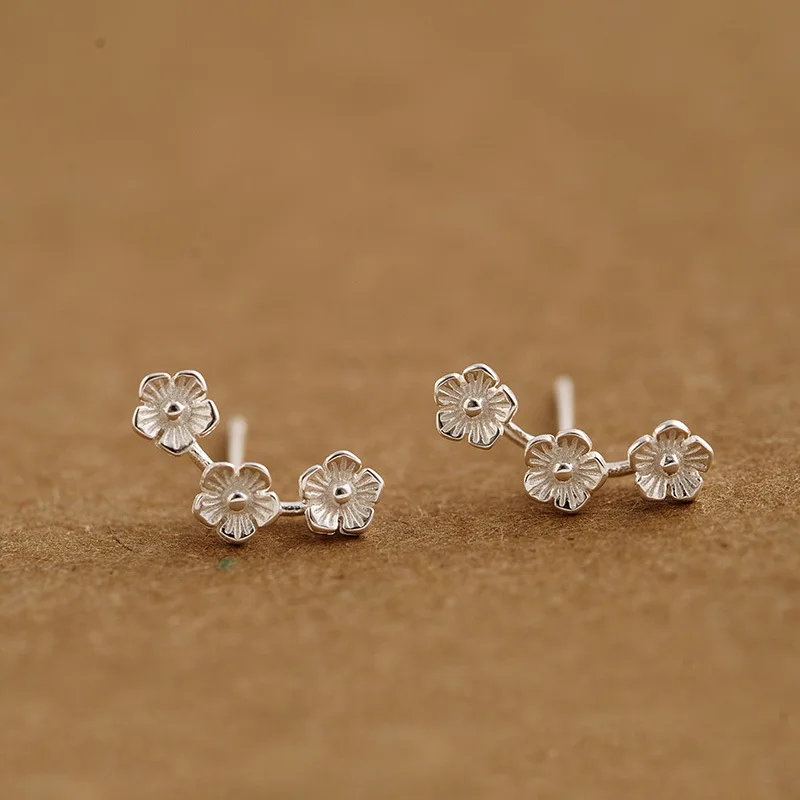 

13.2*4.1MM 100% handmade girls high quality Flowers in rows 925 pure Sterling silver women Cute jewelry simple Earrings with box