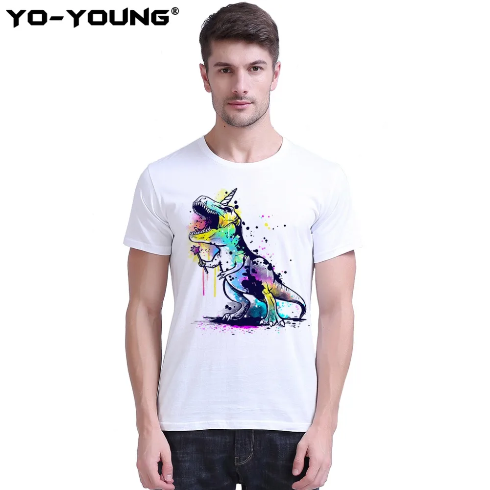 

Yo-Young Men T-Shirts Casual Colorful Dinosaur Tyrannosaurus Rex Design Digital Print 100% 180 gsm Combed Summer Top Tees Homme