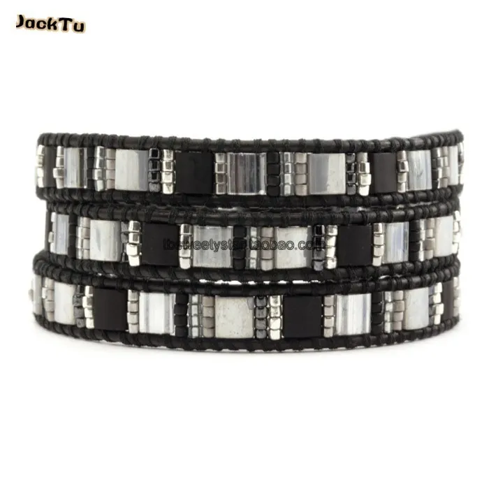 

black mix stone triple wrap bracelet leather black