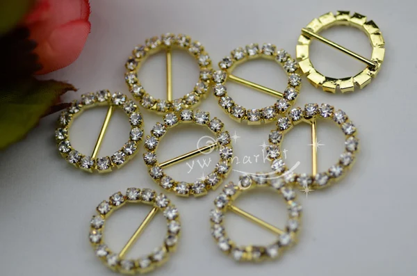 50 19.5mm Round Rhinestone Buckle Invitation Ribbon Slider Wedding Supply Golden