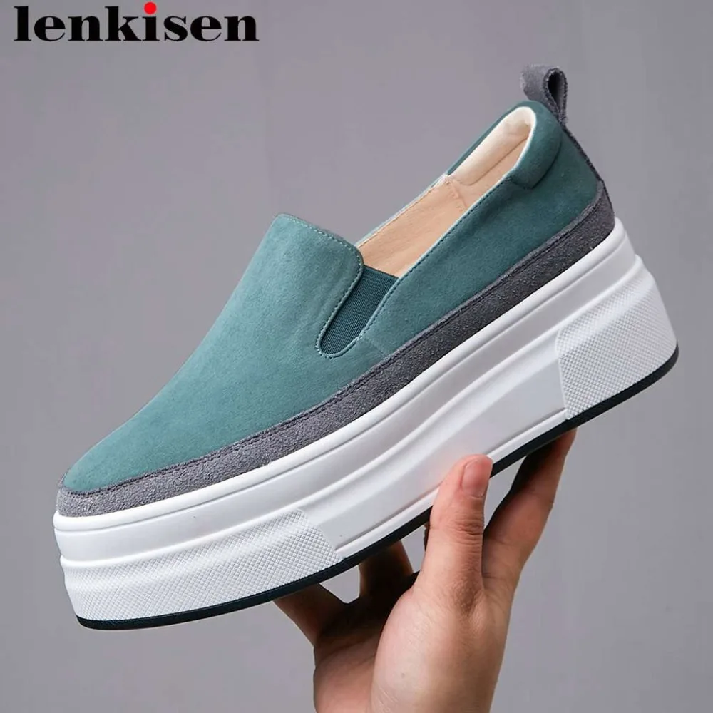 

Vichelo Hot handmade natural leather slip on loafers mixed colors round toe plane platform med bottom women vulcanized shoes L19