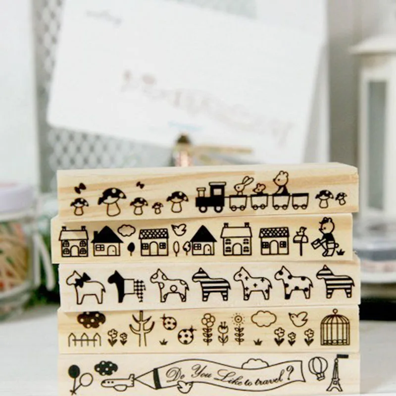 

Cute Wooden Stamp House Hobbyhorse Aircraft DIY Scrapbooking Border Natural Wood Stamps Forest Mushroom Wooden Rubber Stamps