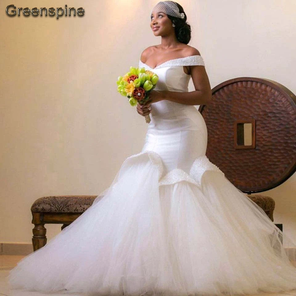 Plus Size Mermaid Wedding Dresses 2019 Caftan Mariage Satin Elegant Bridal Dress Pearls Beading Gown Off the Shoulder | Свадьбы и