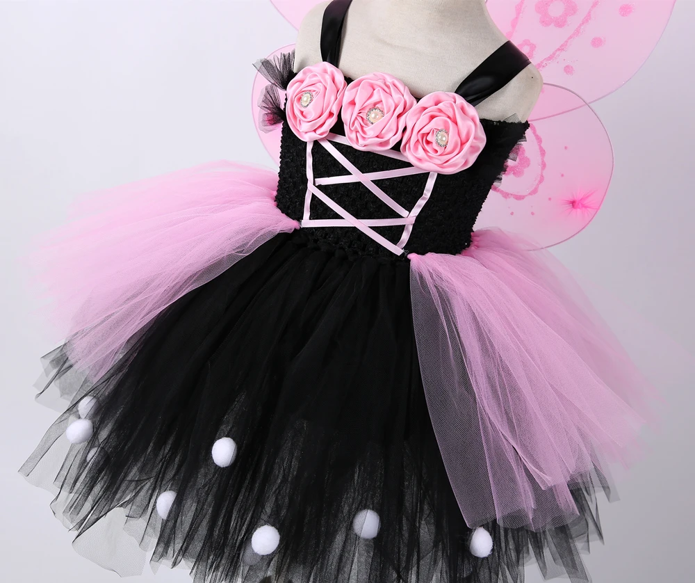 Черное и розовое платье-пачка с цветочным узором для девочек; Вечерние платья из тюля для девочек; платье феи для маленьких принцесс; маскарадный костюм бабочки на Хэллоуин