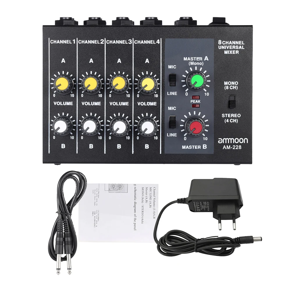 

AM-228 Ultra-compact Low Noise 8 Channels Metal Mono Stereo Audio Sound Mixer with Power Adapter Cable