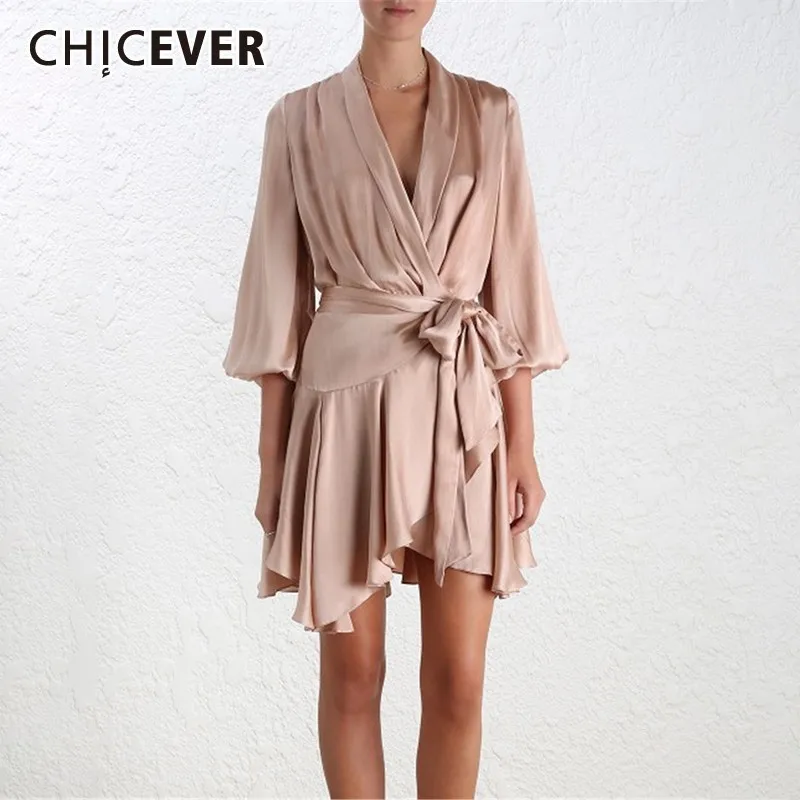 

CHICEVER Summer Sexy V Neck Chiffon Solid Women Dress Lantern Sleeve High Waist Sashes Ruffles Hem Female Dresses 2019 Fashion