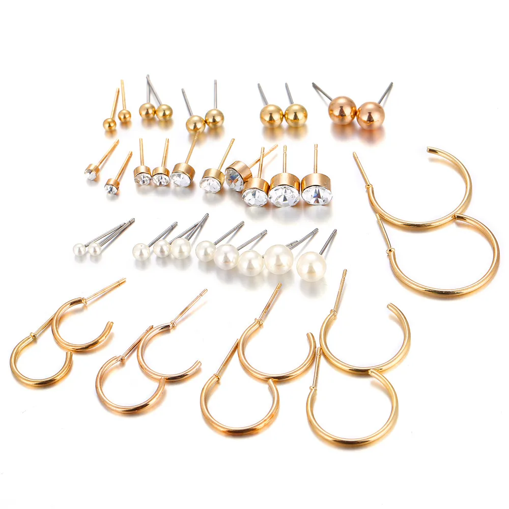 40 PCS/set Fashion Crystal Round Beads Stud Earrings Set For Women Man Gold Color Circle Earrings Unisex Daliy Jewelry 2019