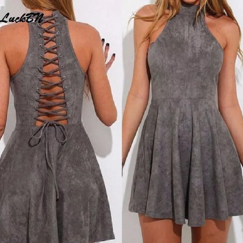 

2018 New Women Sleeveless Halter Neck Pleated Dress Spring Summer Hollow Bandage Dress Bodycon Slim Party Solid Mini Dresses Hot