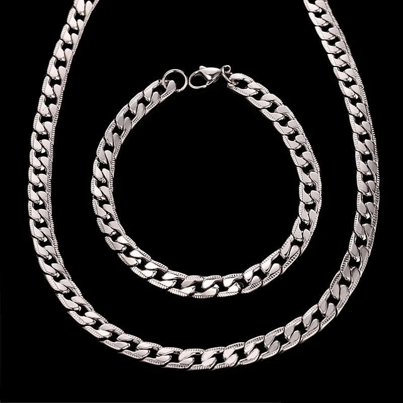 

Fashion Men Women Male 6mm Silver Stainless Steel Chains Flat Curb Necklace Bracelet Sets Customize 316L Jewelry Sets