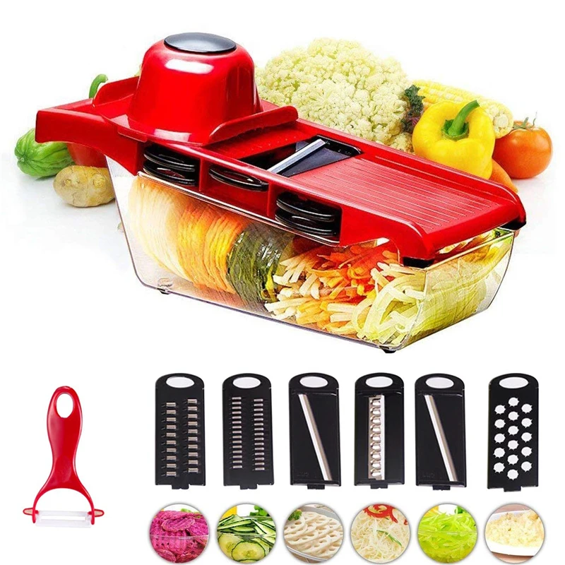 

Vegetable Fruit Slicer Cutter Chopper Grater 6 Interchangeable Stainless Steel Blades Peeler Storage Container Kitchen Tools