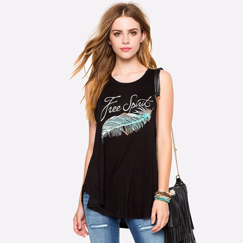 

2018 new fashion casual letter feather print round neck sleeveless loose T-shirt vest