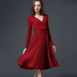 Элегантные зимние весеннее платье 2018 Новое Офисные наряды для Для женщин декоративные пояса v-образным вырезом сплошной один размер Винтаж