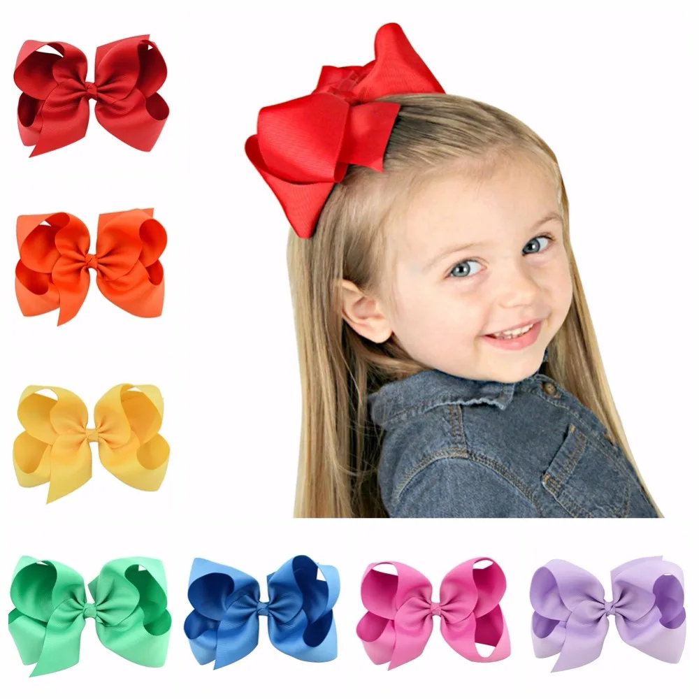 1Pcs 6 Inch 30 Colorful Kids Girls Big Solid Ribbon Hair Bow Clips With