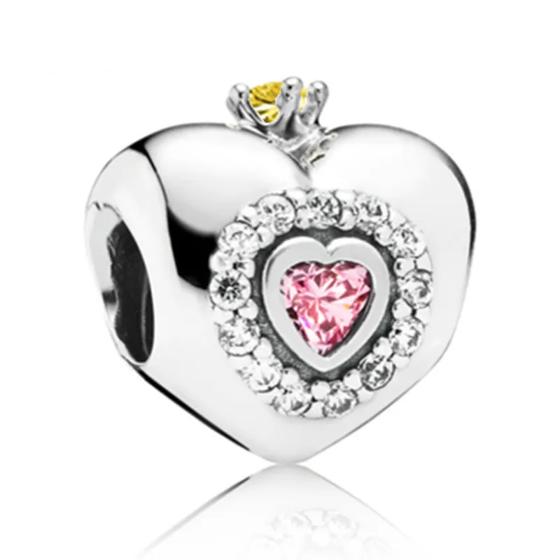 

5PCS Alloy Spacer Bead Ancient Silver Love Pink Crystal Crown Heart Bead Fit Pandora Bangle Necklace DIY Jewelry Girl Gift