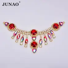 Junao 155*60mm costura vermelho ab, strass cadeia guarnição flores de ouro aplique franja de cristal para vestuário decoração