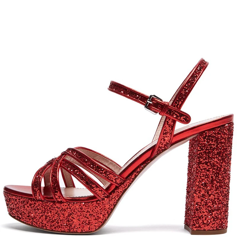 Silver Glitter Ankle Wrap Platform Sandals Woman High Chunky Heels Buckle Strap Female Ladies Party Shoes Big Size 11 16 Fashion