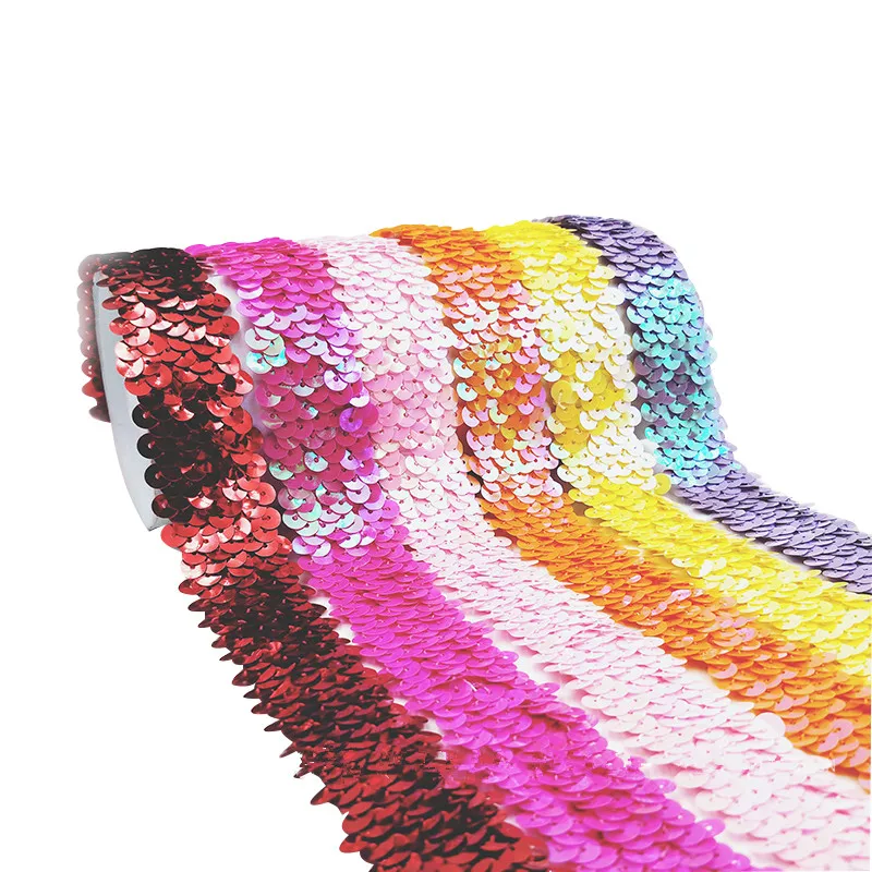 

3 Rows Elastic Sequins Beading Trim Lace Band Spangle Ribbon DIY Handcraft Sewing Curtain Accessory Headdress Wedding Decoration