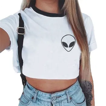 Alien Print Tshirt Harajuku Summer Women Fashion Crop Top Vogue Unicorn Sexy T Shirts Vintage Cropped Tumblr Plus Size alien print tee
