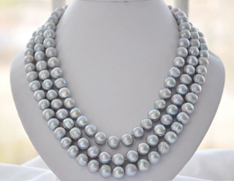 

FREE shipping> >>>Z5959 3strands 12mm gray round freshwater pearl necklace 21inch new