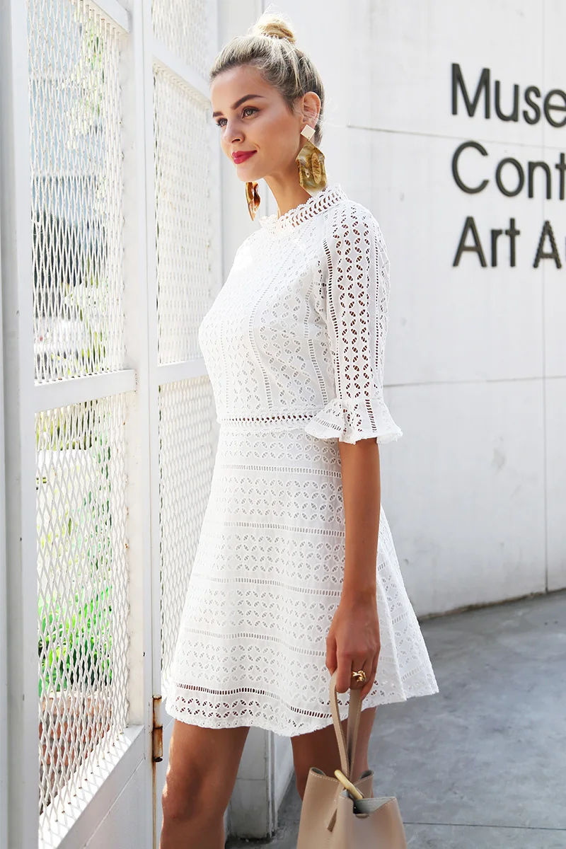 Vintage Hollow Out Lace White Dress