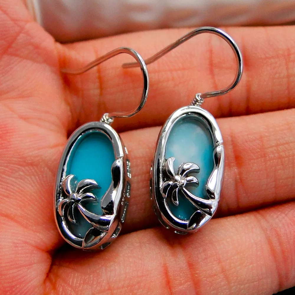 Palm Tree& Swimming Pool Drop Earrings Real Larimar Gemstone Pendant