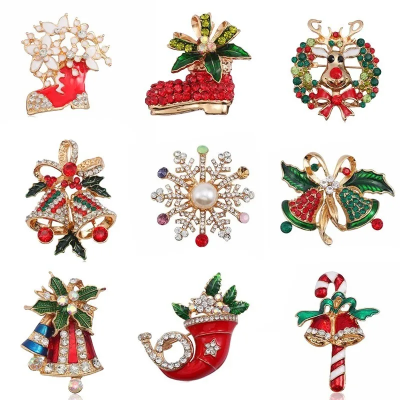 

Colorful Crystal Christmas Brooch Pins Bell Snowflake Brooches For Women Gold Enamel Pins And Brooches Jewelry Xmas Gift