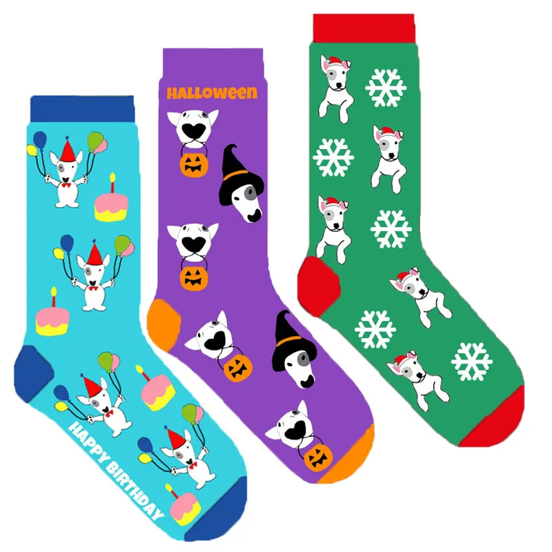 Женские носки с бультерьером, рождественские носки на Хэллоуин, с днем рождения, новинка, носки с круглым вырезом, Веселый праздник, sox, сувенир для любителя собак, 50 пар