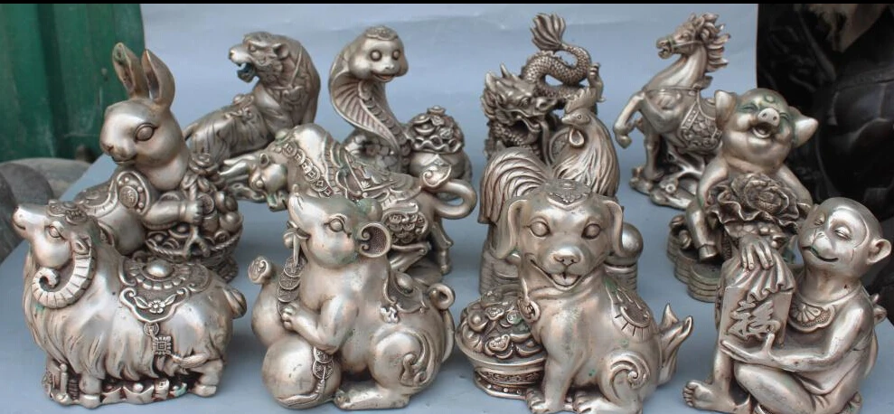 

8" Marked Chinese Silver Dragon Tiger Horse Auspicious Zodiac Animal Set Statue R0707