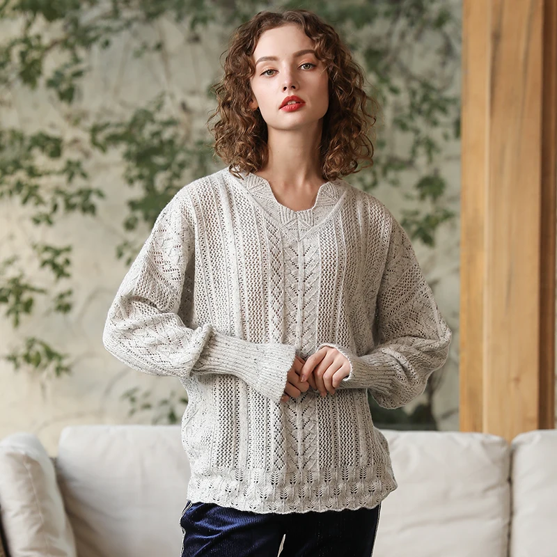 

Autumn New Women Short Sweater Casual Hollow Out Knitted Sweater Tops Long Sleeve O-neck Pullover 100% Cashmere Sweater Women
