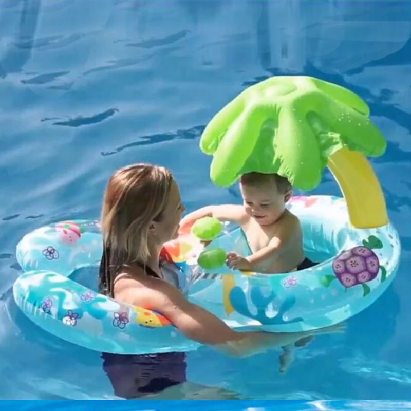 

Baby Swimming Circle Seat Inflatable Mattress Safe Ring With Mother Awning Pontoon Pool Floating Island Toy Bed Boat For Kids