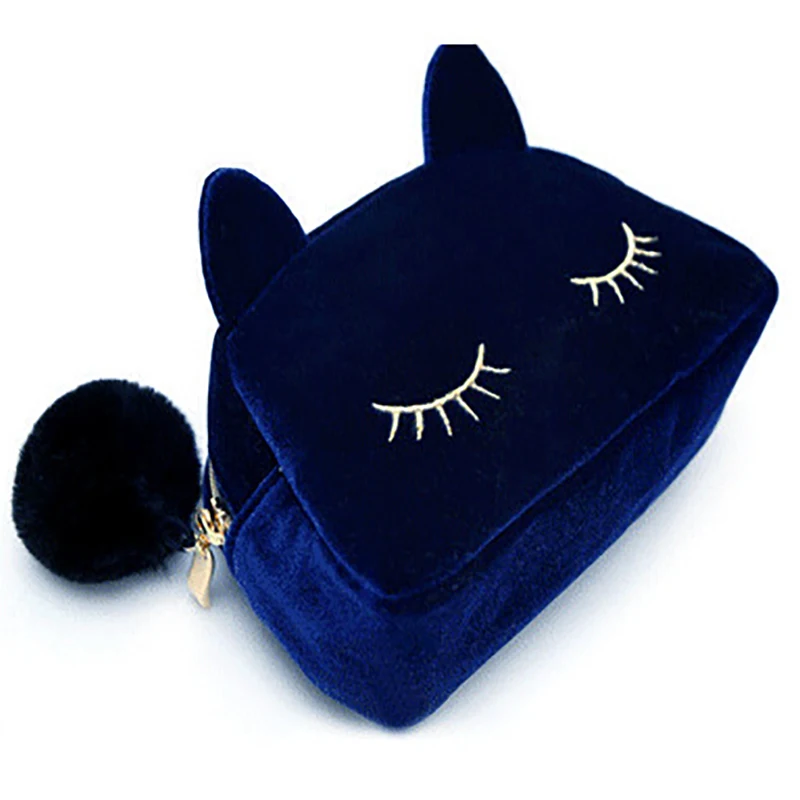Мультяшная кошка, бархатные однотонные косметички для макияжа, кошачий дизайн, косметический Органайзер для макияжа, сумка для женщин, косметичка