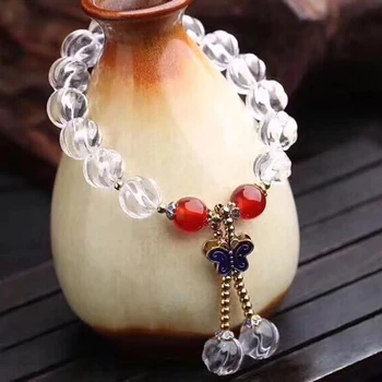 

Wholesale White Natural Crystal Bracelets 12mm Wheel Bead With Butterfly Pendant Bracelet Lucky for Women Crystal Fresh Jewelry