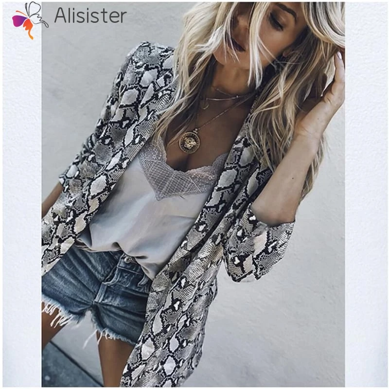 

Women 2019 Fashion Snake Skin Print Jacket Vintage Long Sleeve Coat Office Lady Jacket Femenino Outerwear Overcoat