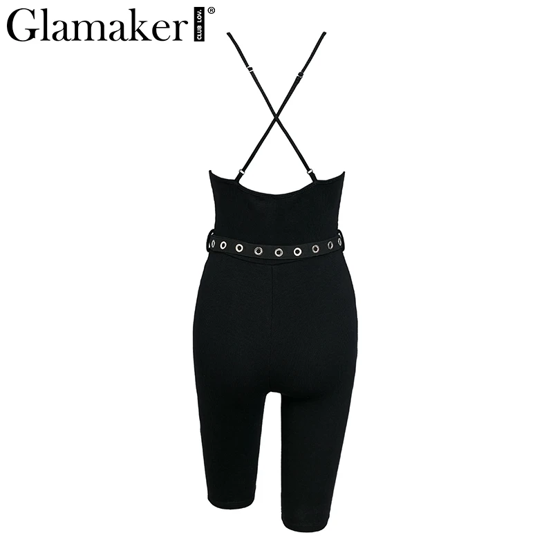 Glamaker пояс створки v образным вырезом bodycon комбинезон ремешок комбинезона вязание сексуальный черный комбинезон для женщин Летний комбинезон Комбинезоны