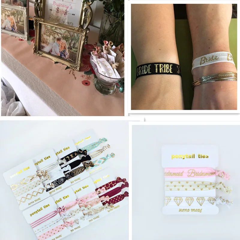 

Pack of Hair Ties for Bridesmaids Bachelorette and Wedding Shower Party Favors. Team Bride or Bride Tribe Gifts 5x3pc Packs