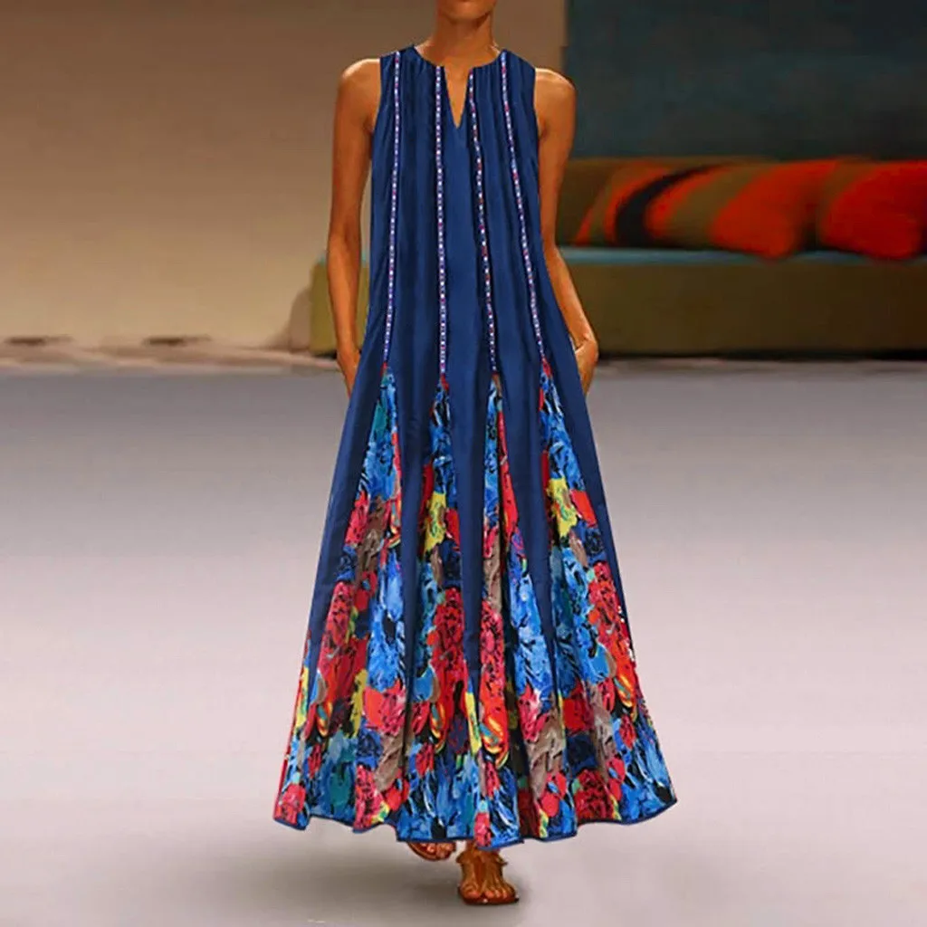 

feitong Women Plus Size Print Daily Casual Sleeveless Vintage Bohemian V Neck Maxi Dress robe soiree femmerobe ceremonie femme