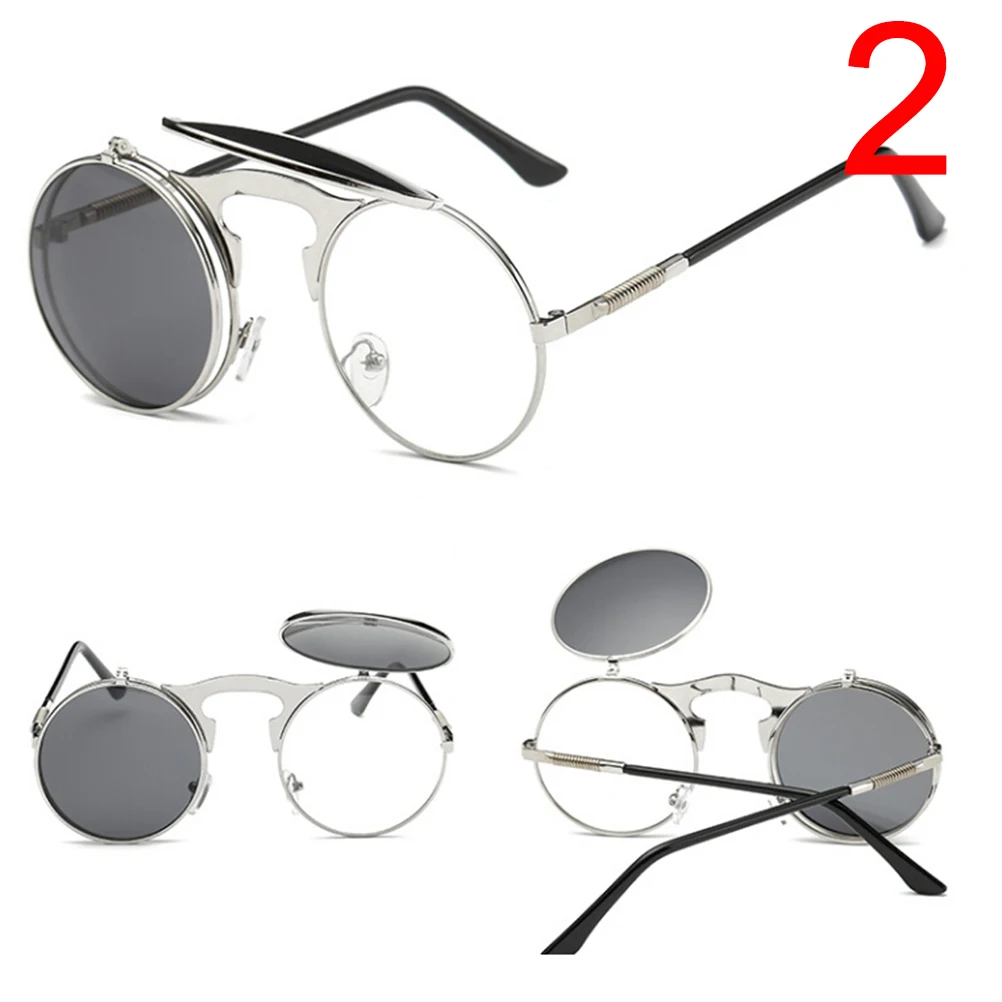 Ретро стиль, стимпанк, круглые, флип-ап, солнцезащитные очки, для женщин и мужчин, на застежке, солнцезащитные очки, металлические, панк, солнцезащитные очки для мужчин - Цвет линз: 2