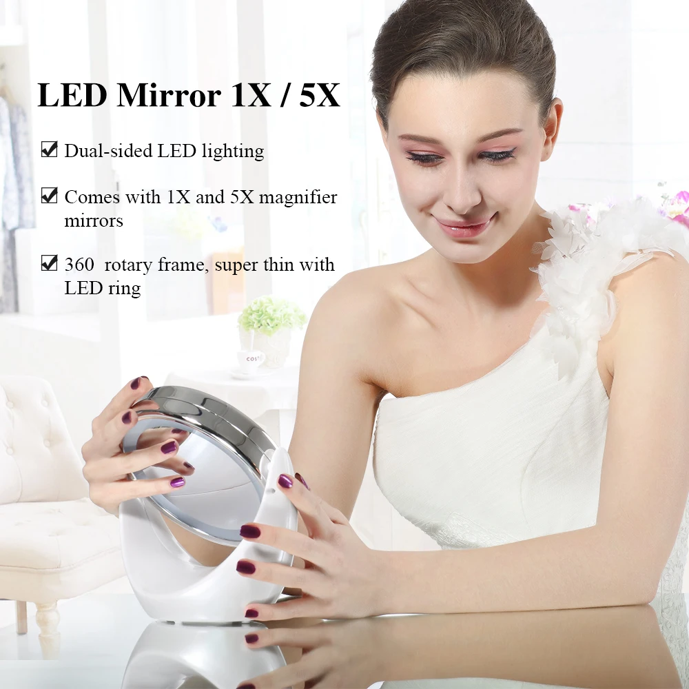 Espelho de Maquilhagem com Luz Espelho de Maquiagem com o Poder de Bloqueio de Sucção Ampliação Rotativo Copo Brilhante Luz Difusa Led 1 - 5x360 7 High Quality Beleza e saúde