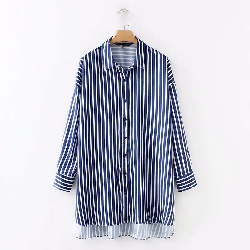 Wonder 2018 autumn vintage striped asymmetric loose long blusas ladies long sleeve business shirt casual Blouses Feminine Tops