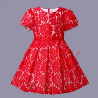 Fashion European Children Red Dresses Girls Floral Party Dress Kids Summer Wear In Stock GD80908-152F