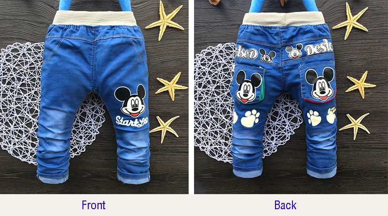 Regular Kids Jeans Cute Cartoon Print Blue Toddler Girls Pants Elastic Waist Straight Boys Jeans For Children 2-4 Years